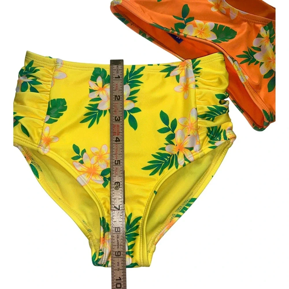 Ocean Gear‎ Girls Orange Yellow Tropical Floral Puff Sleeve Bikini Set Size 6-6X